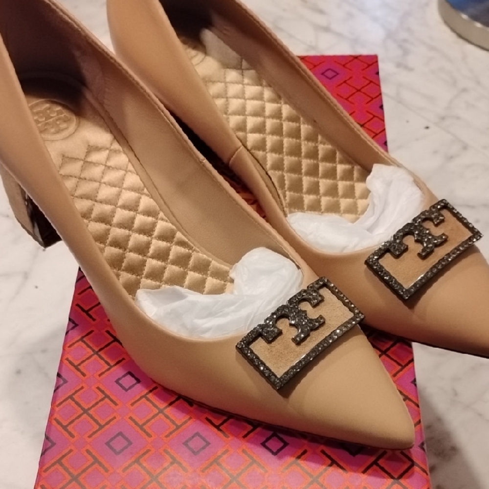 Tory Burch Beige Heels with Decorative Buckle